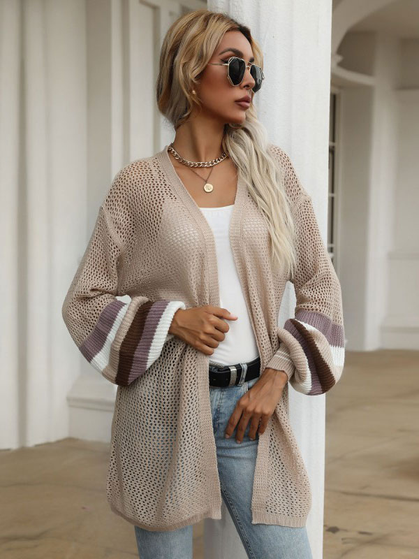 Women's Clothing Sweaters & Cardigans | Sweaters Cardigans Khaki Polyester Stripes Long Sleeves Scoop Neck Oversized Cardigans -