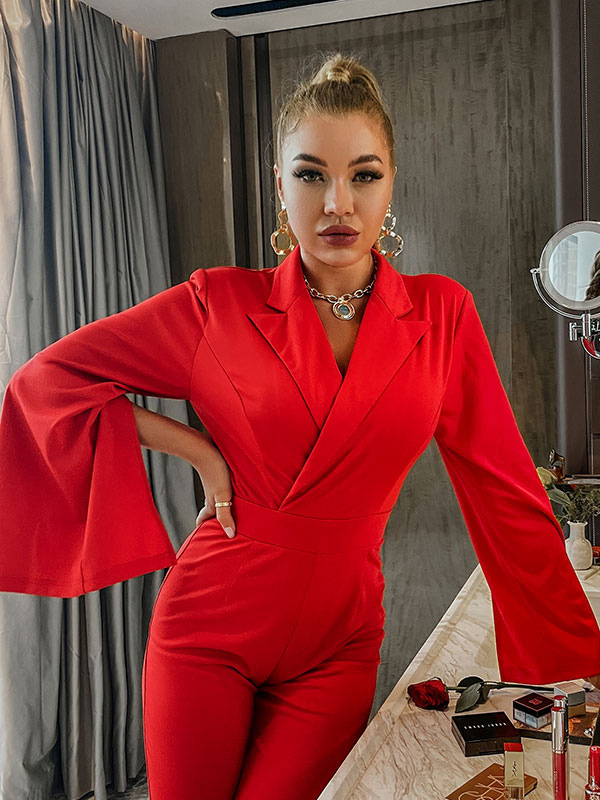 Women's Clothing Jumpsuits & Rompers | Women Red V-Neck Long Sleeves Pleated Stretch Polyester Flared Jumpsuits For Women - RK97472