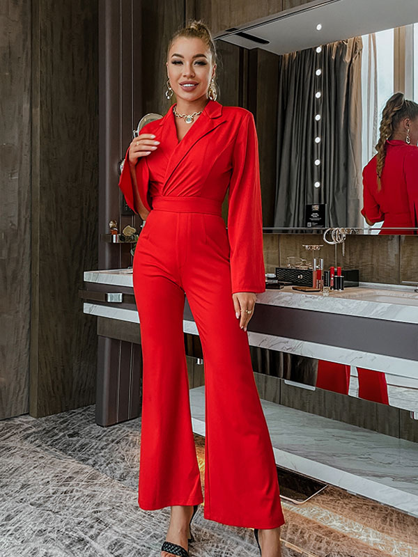 Women's Clothing Jumpsuits & Rompers | Women Red V-Neck Long Sleeves Pleated Stretch Polyester Flared Jumpsuits For Women - RK97472