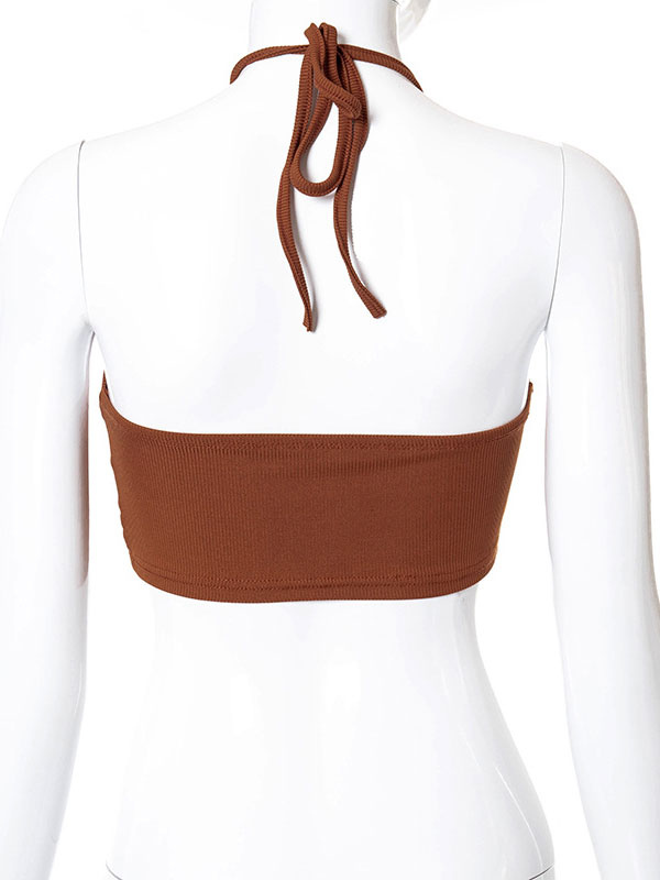 Women's Clothing Tops | Sexy Halter Top For Women Spaghetti Straps Sleeveless Pleated Polyester Coffee Brown Summer Tops - GT95066