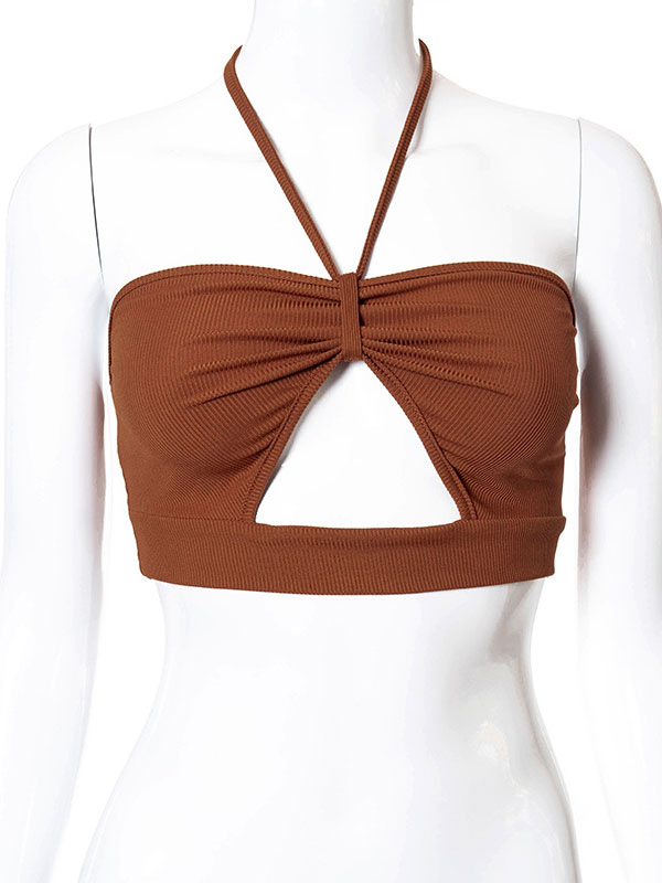 Women's Clothing Tops | Sexy Halter Top For Women Spaghetti Straps Sleeveless Pleated Polyester Coffee Brown Summer Tops - GT95066