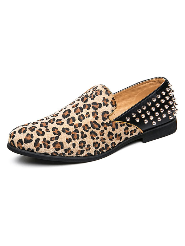 Zapatos de hombre | Zapatos holgados para hombre, mocasines casuales con estampado de leopardo de piel sintética con remaches y punta redonda - FO80385