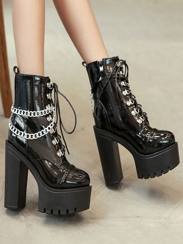 Cadenas para botas de tobillo para mujer, punta redonda, tacón grueso,  cremallera, cuero de PU, botines negros - Milanoo.com