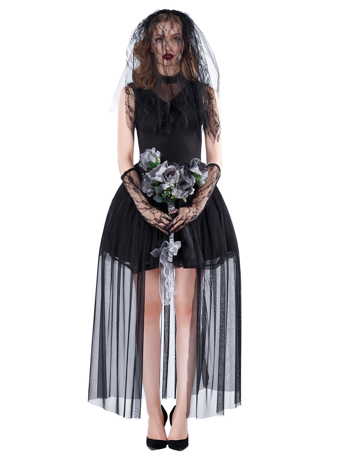 Disfraces de novia fantasma de Halloween para mujeres Vestido sexy de encaje negro Sombreros de poliéster Disfraces de vacaciones Conjunto completo Milanoo.com