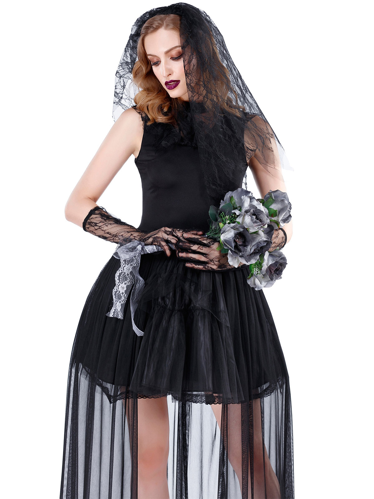 Halloween Ghost Bride Costumes For Women Black Lace Sexy Dress Headwear ...