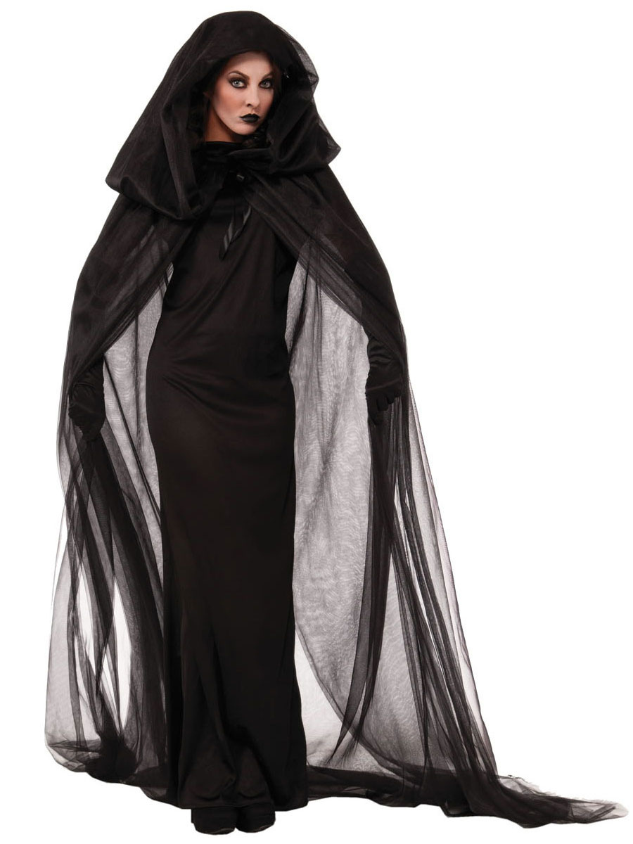 Halloween Witch Costumes For Women Black Scary Headwear Polyester Tunic Dress Holidays Costumes Full Set - Milanoo.com