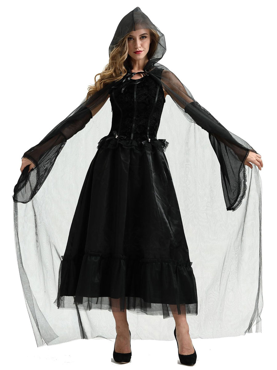 Halloween Evil Witch Costumes For Women Black Lace Scary Dress Cloak ...