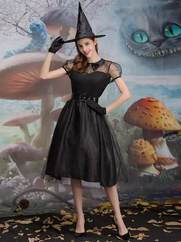 witch dress short Gothic Punk Dark Style Witch Velvet Square Collar Dress Women Black Sheer Chiffon Bell Sleeve A Line Short Dress