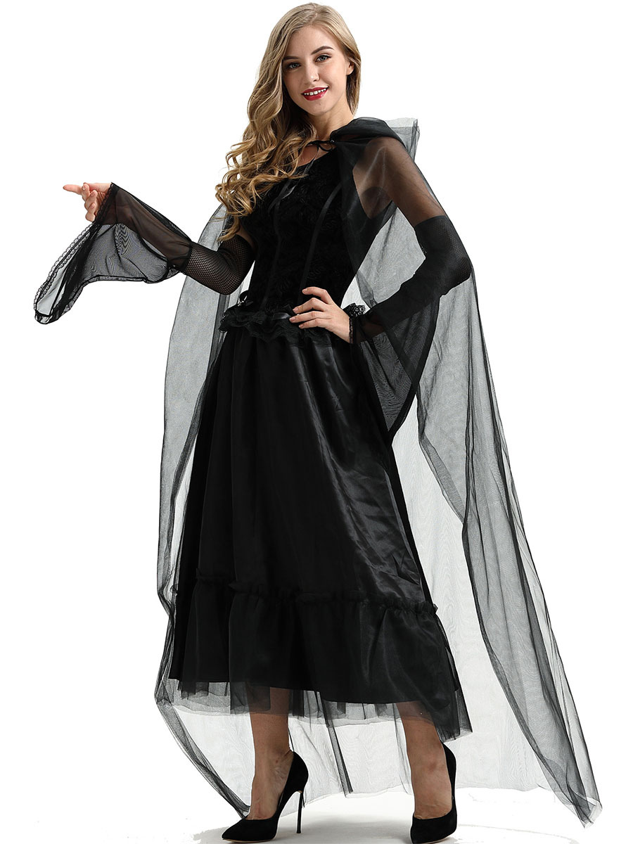 Halloween Death Costumes Black Scary Cloak Polyester Lace Dress ...