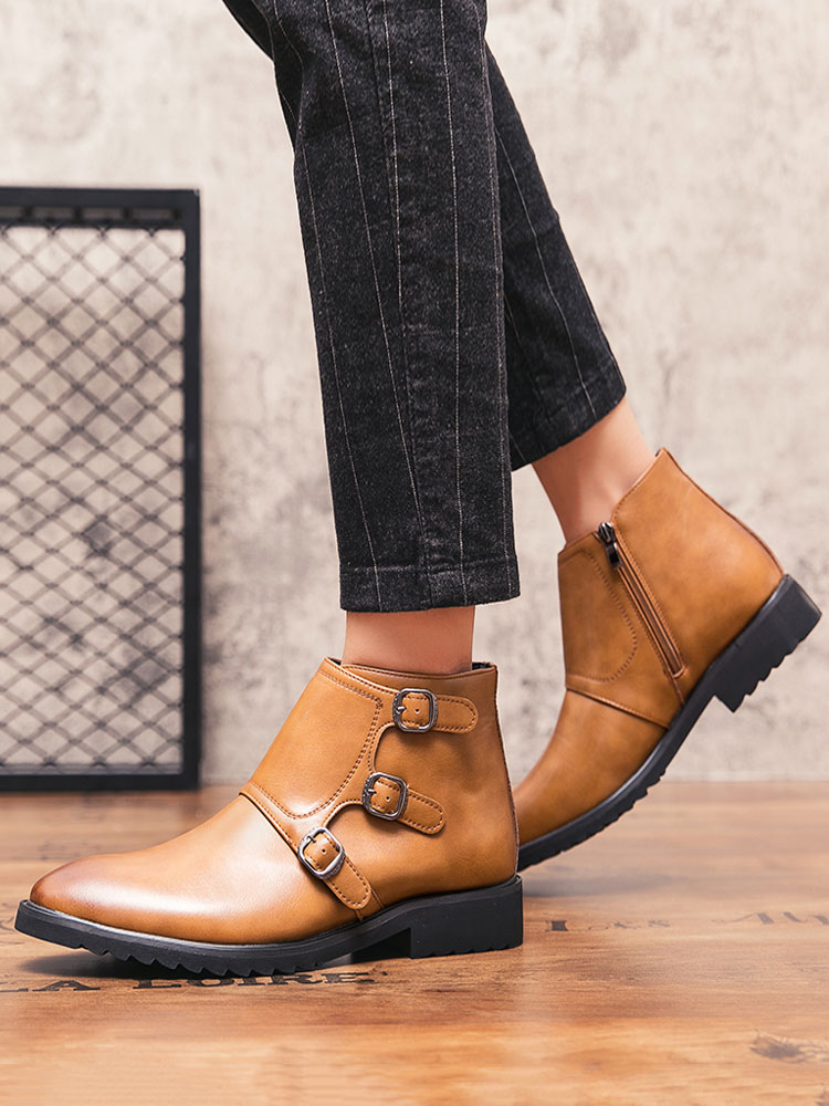 Botines Para Hombre Botines Modernos De Punta Redonda De Cuero De PU Marrón  Claro - Milanoo.com