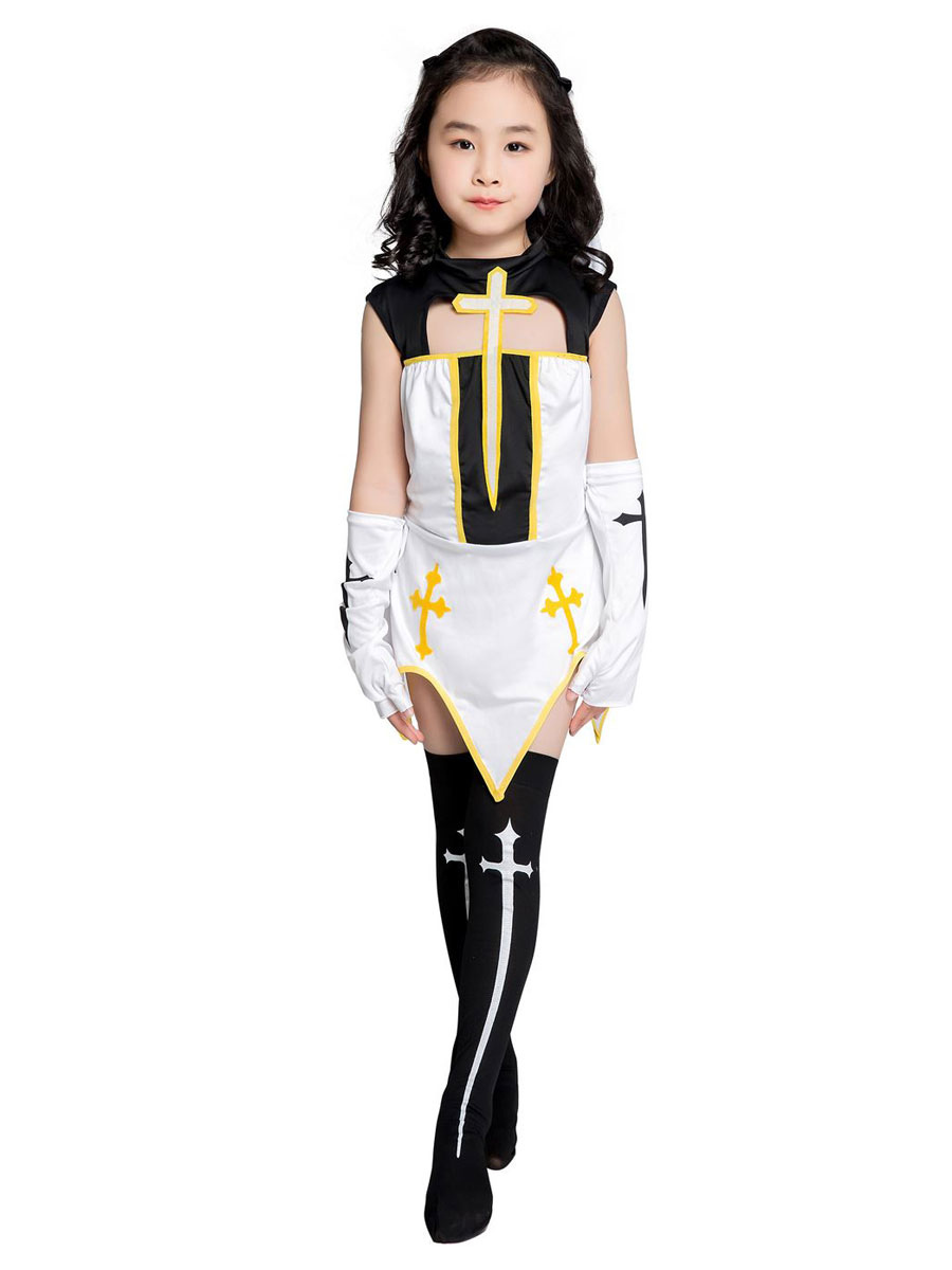 Halloween Nun Costume For Kids White Long Sleeves Dress Headwear Gloves