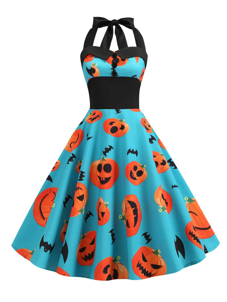 1950s Retro Dress Halloween Printed Sleeveless Straps Neck White Swing Dress