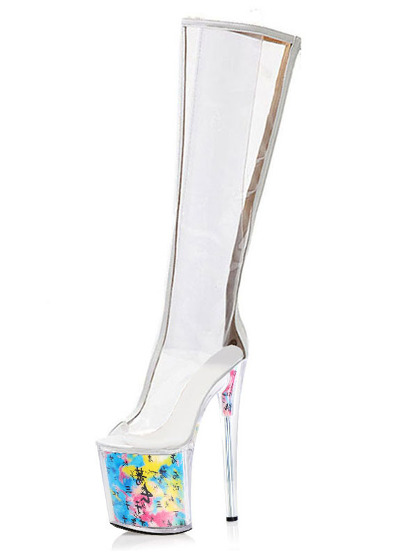 Botas sexis de tacón alto para mujer, punta redonda con cremallera, de aguja transparente, botas hasta el muslo, botas grises por de rodilla - Milanoo.com