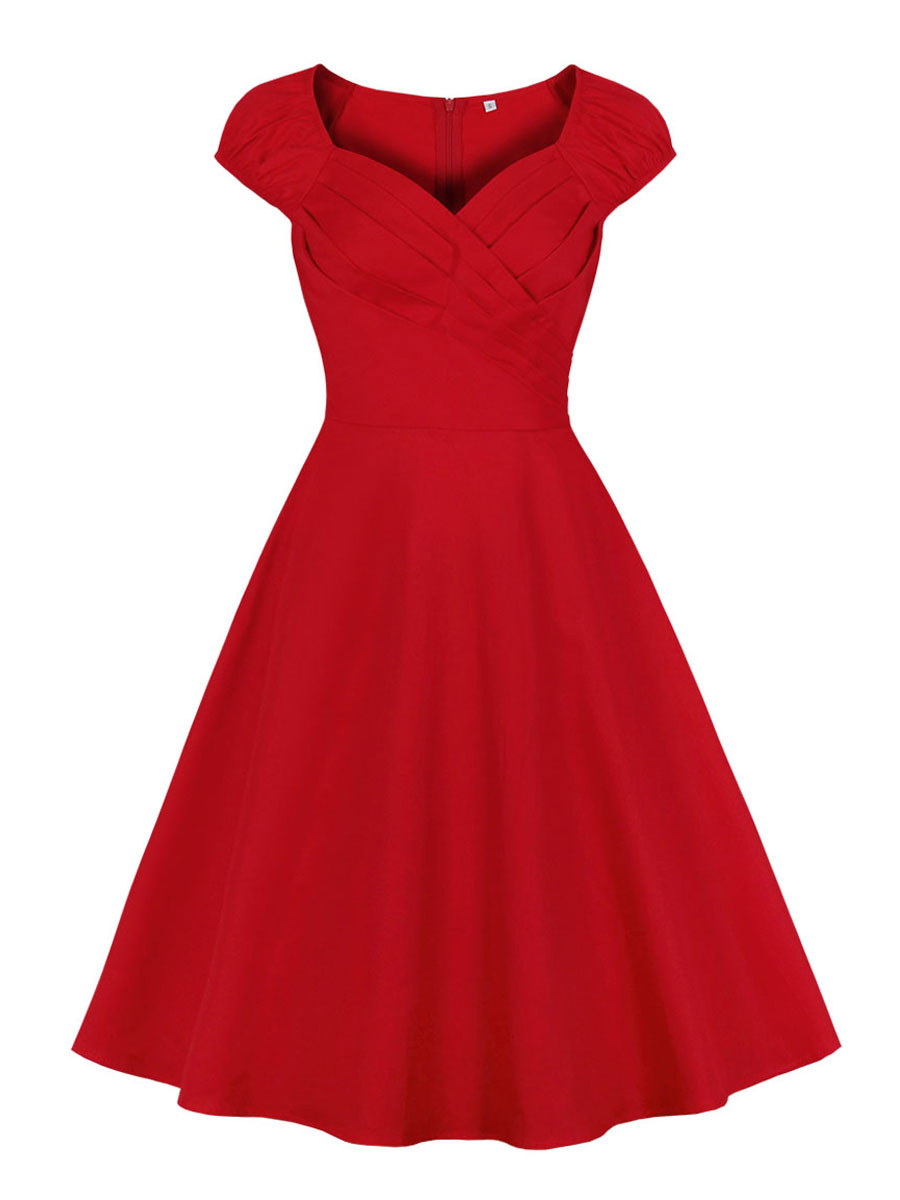 Moda Mujer Vestidos | Vestido vintage de los años 50 Vestido rojo con volantes rojo plisado sin mangas con cuello en forma de corazón - SN21953