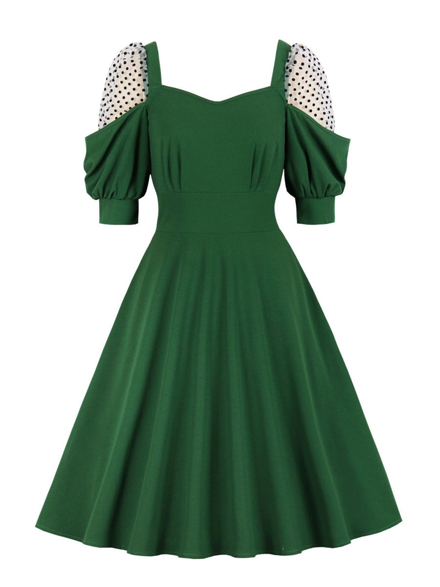 Vestido retro de los años 50 con cuello en forma de corazón, plisado y  elástico, medias mangas, medio, lunares, vestido verde con columpio -  