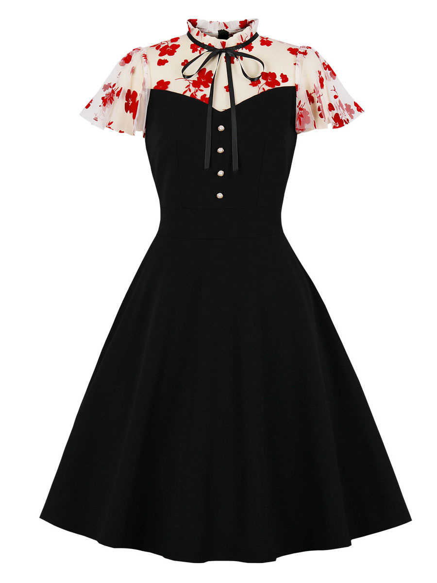 Women's Clothing Dresses | 1950S Vintage Dress High Collar Buttons Layered Short Sleeves Medium Printed Black Rockabilly Dress - CL70804