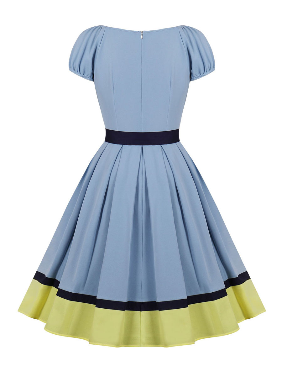 Women's Clothing Dresses | 1950S Retro Dress Sweetheart Neck Pleated Layered Short Sleeves Medium Color Block Sky Blue Rockabilly Dress - XC53561