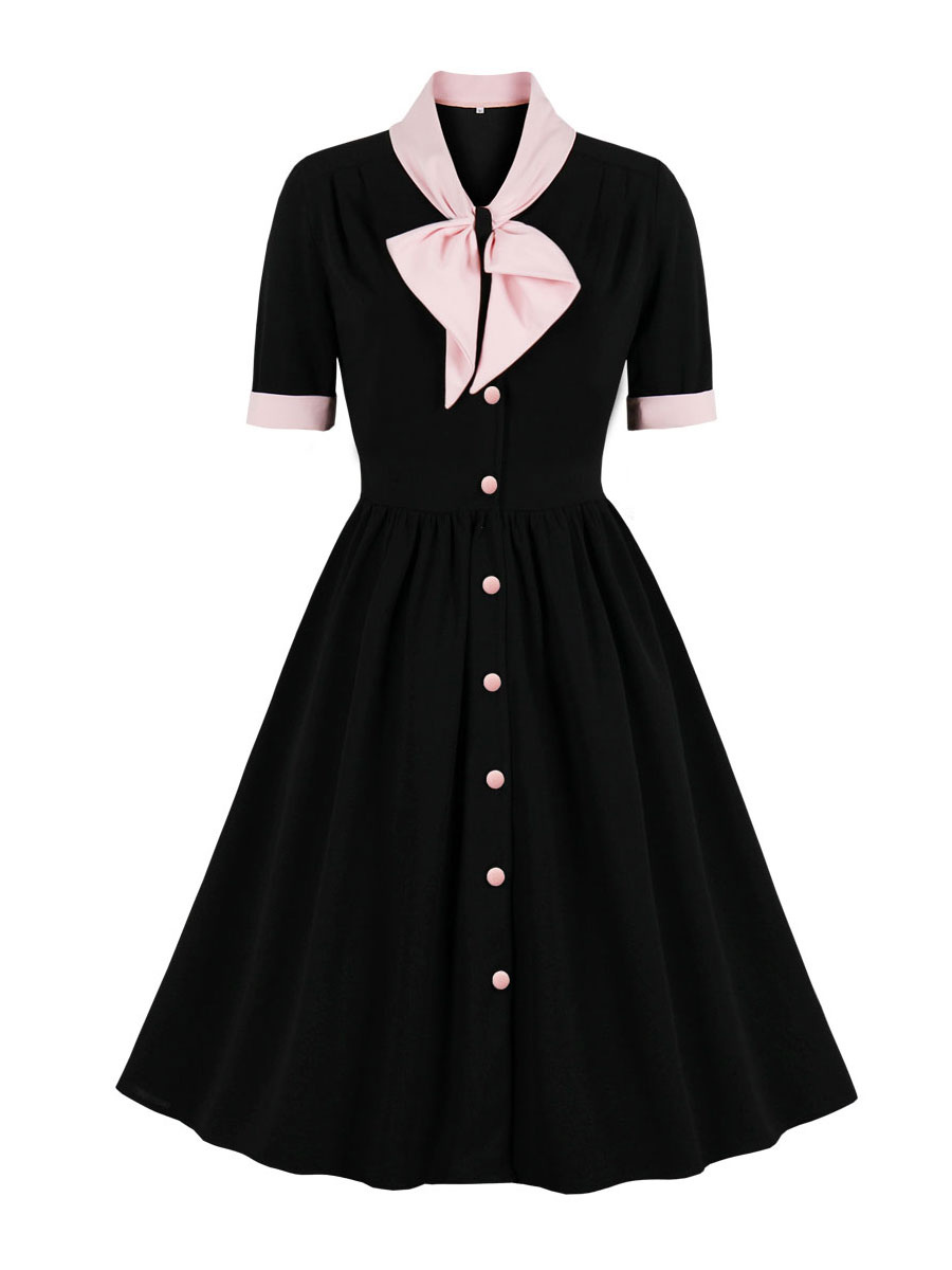 Moda Mujer Vestidos | Vestido vintage de los años 50 con lunares negros, botones en capas, mangas cortas, cuello en V, vestido rockabilly negro - CO07162