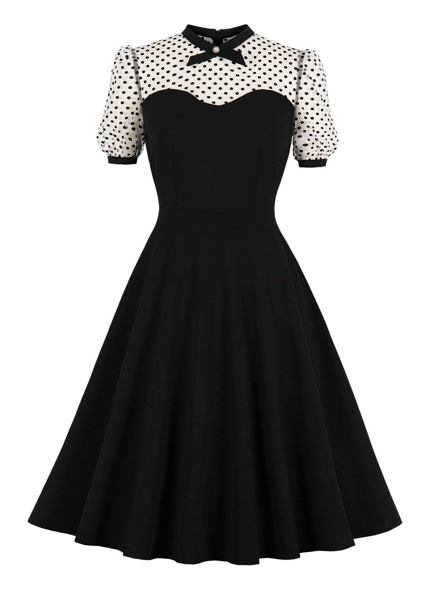 Women's Clothing Dresses | 1950S Retro Dress Jewel Neck Buttons Layered Short Sleeves Medium Two-Tone Black Swing Dress - KG55414