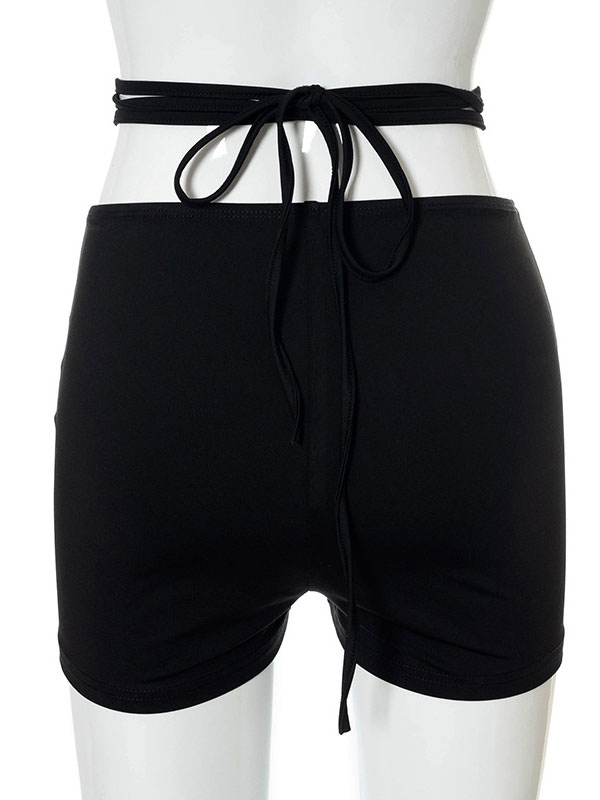 Women's Clothing Women's Bottoms | Women Shorts Casual Lace Up Polyester Stretch Black Straight Shorts - ZL21819