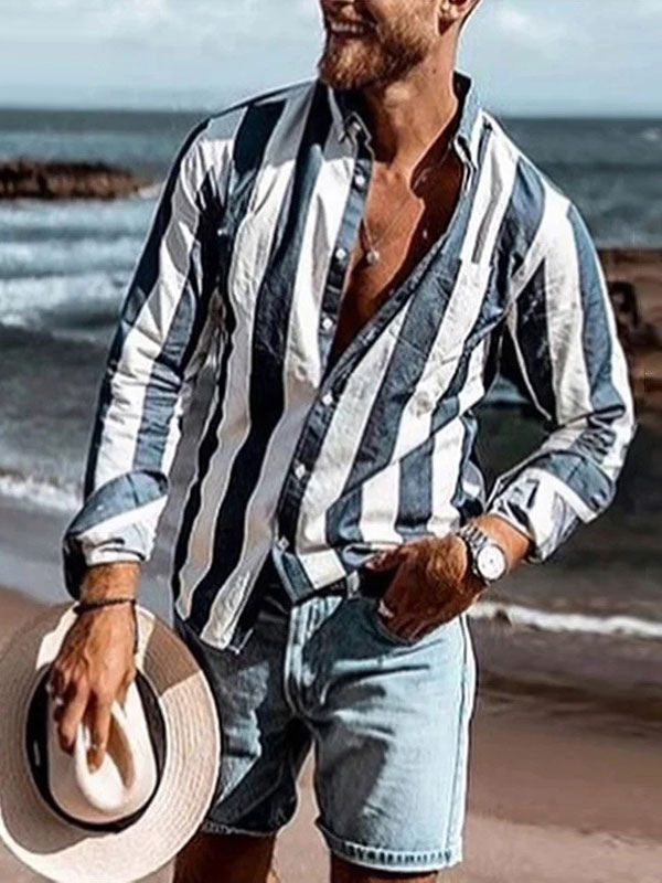 Men's Clothing Shirts | Casual Shirt For Men Turndown Collar Long Sleeves Stripes Deep Blue Men Summer Shirts - QT12012
