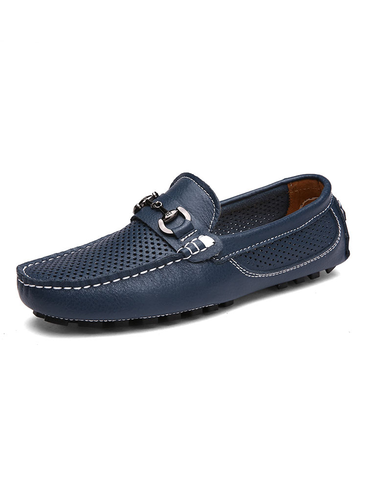 Zapatos de hombre | Mocasines para hombre Mocasines de cuero sintético con punta redonda Detalles metálicos sin cordones Mocasines de color azul oscuro - NK78465