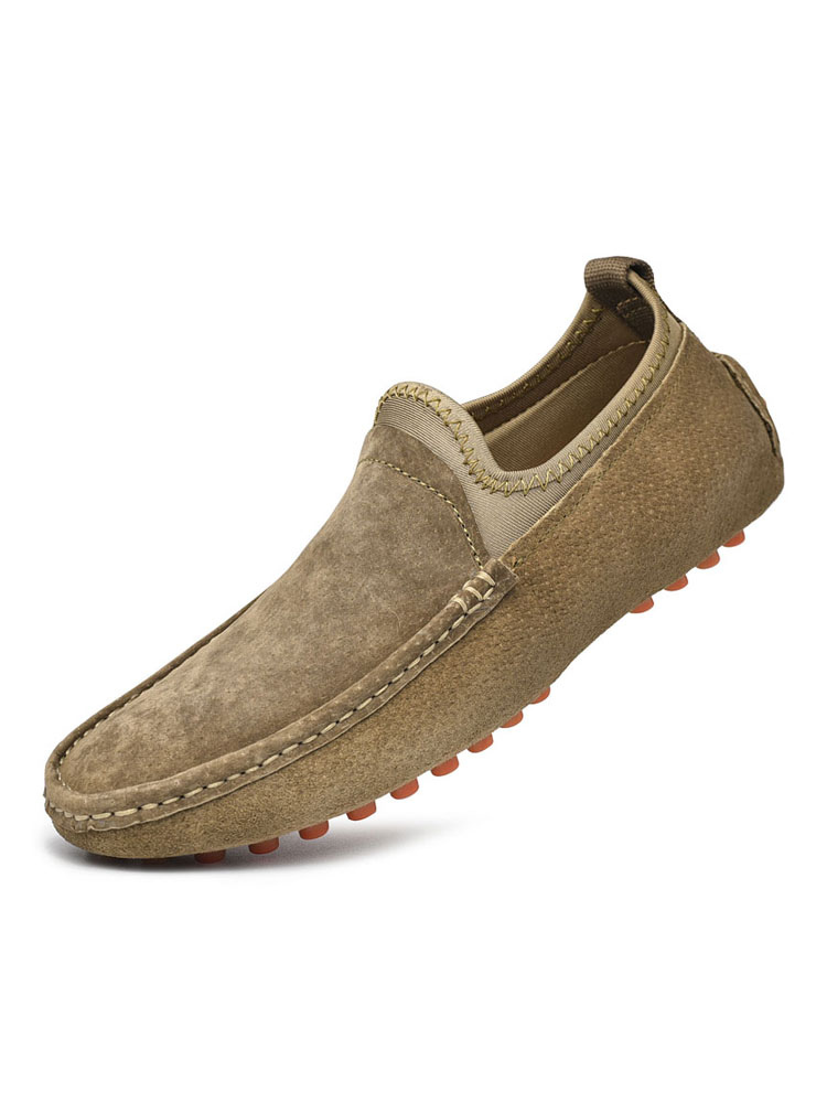 Zapatos de hombre | Zapatos mocasines para hombre Mocasines caqui de cuero PU con punta redonda sin cordones - UJ01082