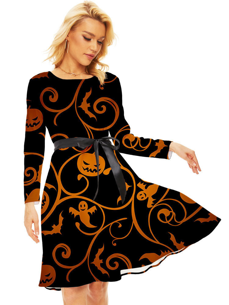 Party Dresses Black Jewel Neck Lace Up Long Sleeves Halloween Printed ...