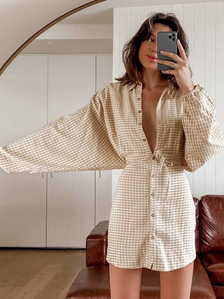 Mode Femme Robes | Robe de Chemisier Imprimé Carreaux à Col Revers avec Mancehs Longues Coupe Cintrée avec Boutons Robe Sexy - JH74937