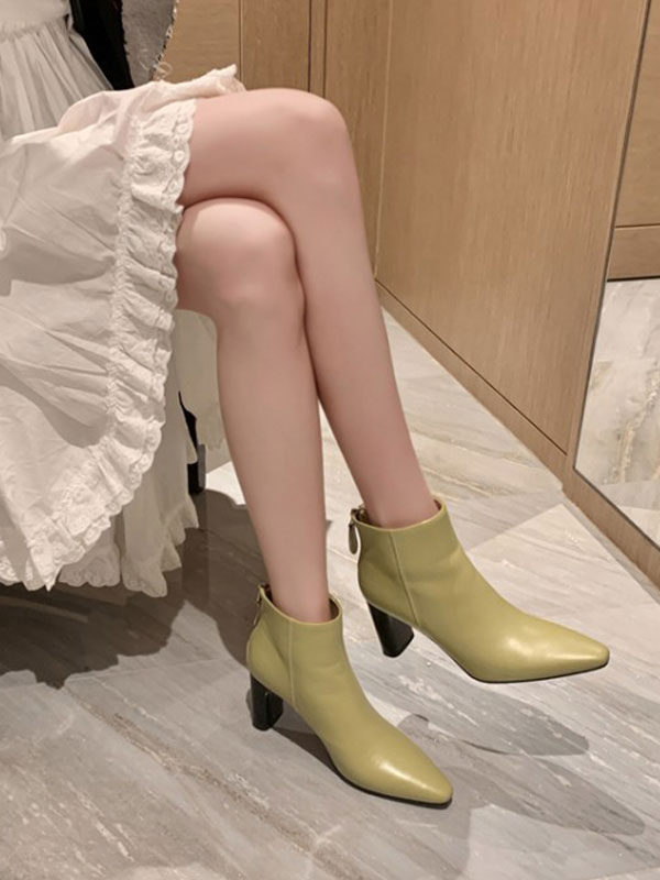 Botines de mujer Punta puntiaguda Tacón grueso Piel de vacuno Botines verdes  amarillos - Milanoo.com