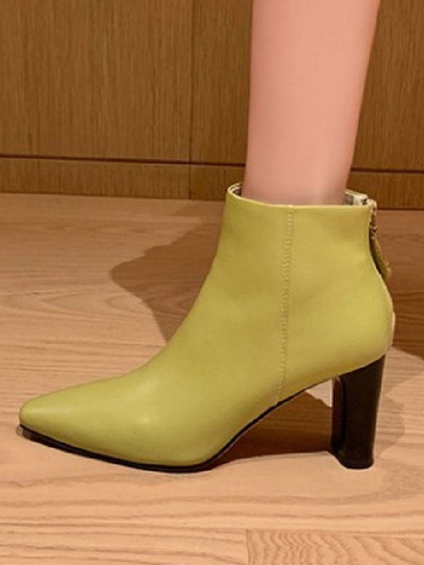 Botines de mujer Punta puntiaguda Tacón grueso Piel de vacuno Botines verdes  amarillos - Milanoo.com