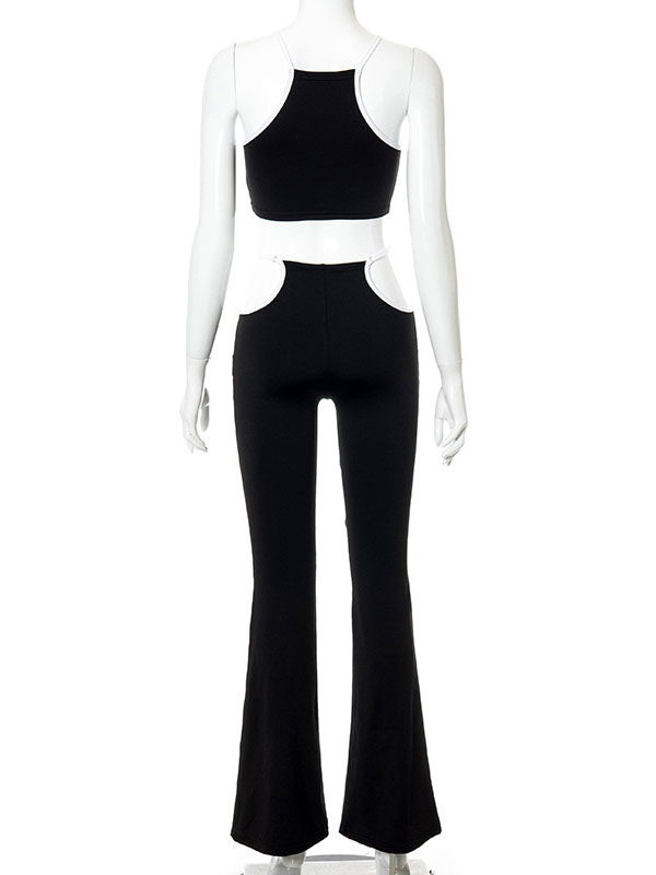Women's Clothing Two Piece Sets | Two Piece Sets Black Polyester Straps Neck Cut Out Casual Pants Sleeveless Outfit For Women - GL29351