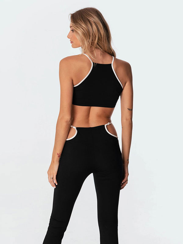 Women's Clothing Two Piece Sets | Two Piece Sets Black Polyester Straps Neck Cut Out Casual Pants Sleeveless Outfit For Women - GL29351