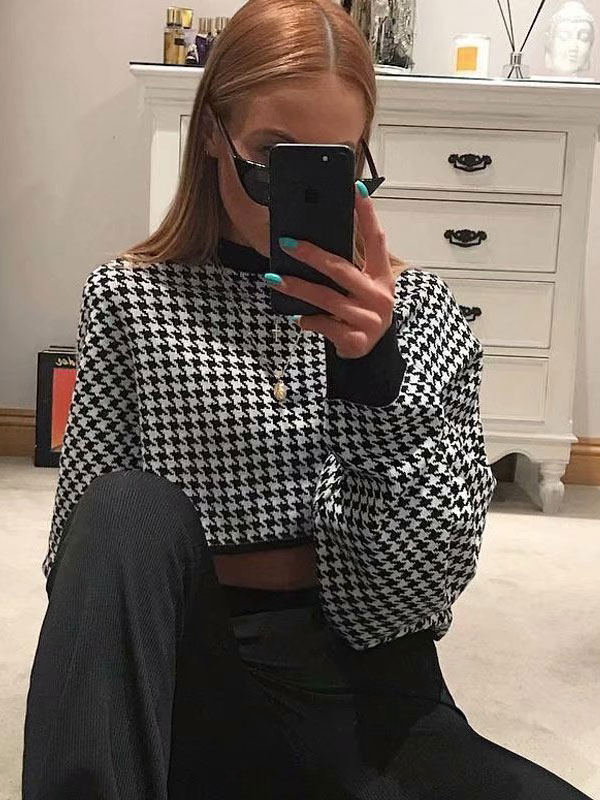 Women's Clothing Sweaters & Cardigans | Pullovers For Women Black Piping Stripes Jewel Neck Long Sleeves Stretch Polyester Sweat