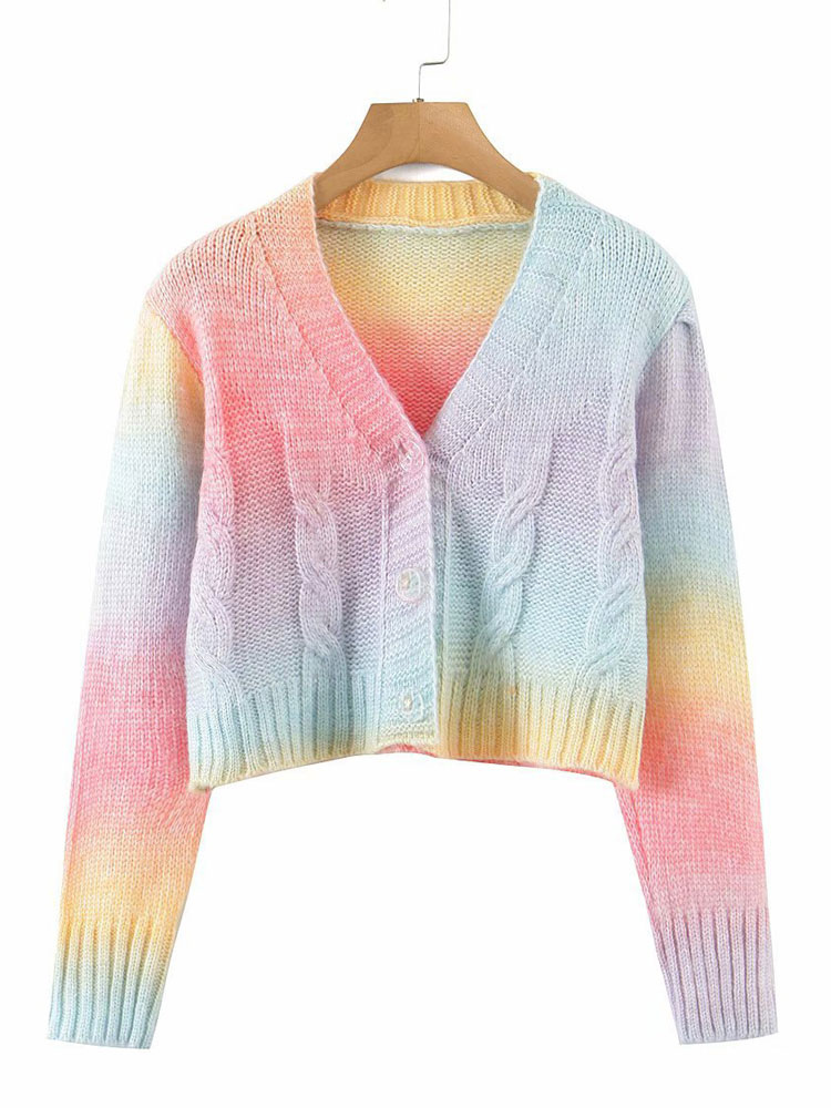 Women's Clothing Sweaters & Cardigans | Sweaters Cardigans Pink Polyester Tie Dye Buttons Long Sleeves V- Neck Stretch Stretch C