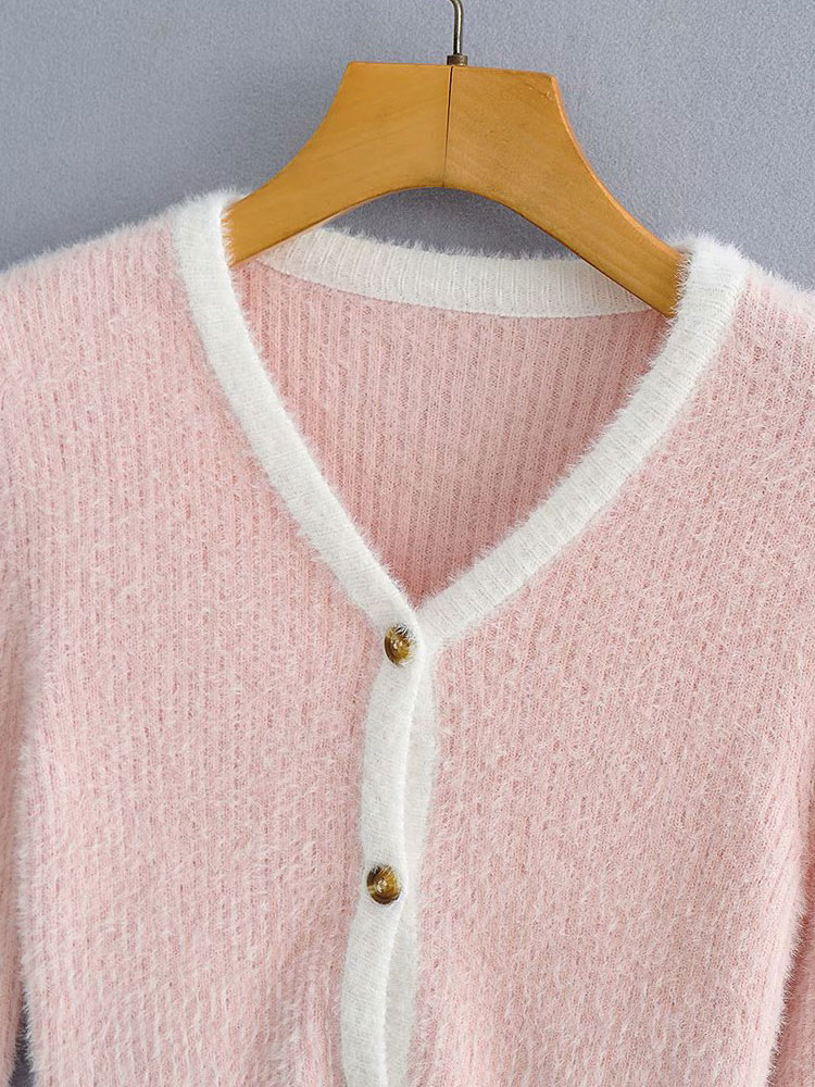 Women's Clothing Sweaters & Cardigans | Sweaters Cardigans Pink Polyester Two Tone Buttons Long Sleeves V Neck Stretch Cardigans