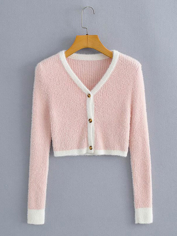 Women's Clothing Sweaters & Cardigans | Sweaters Cardigans Pink Polyester Two Tone Buttons Long Sleeves V Neck Stretch Cardigans