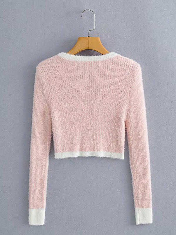 Women's Clothing Sweaters & Cardigans | Sweaters Cardigans Pink Polyester Two Tone Buttons Long Sleeves V Neck Stretch Cardigans