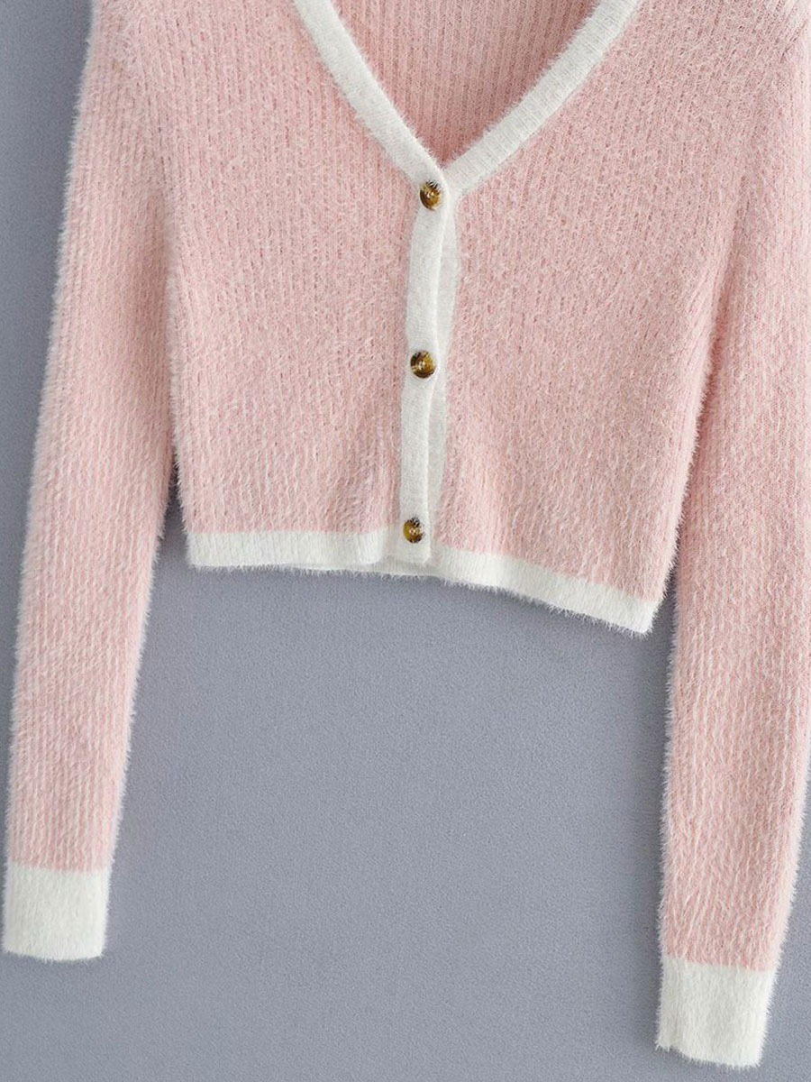 Women's Clothing Sweaters & Cardigans | Sweaters Cardigans Pink Polyester Two Tone Buttons Long Sleeves V Neck Stretch Cardigans