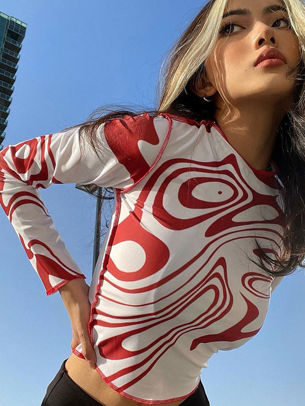 Women's Clothing Tops | Women T Shirt Red Jewel Neck Long Sleeves Polyester Printed Stretch Piping Blouse - RU66842