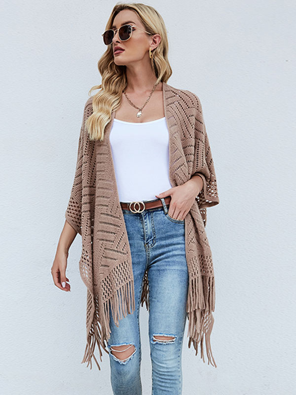 Women's Clothing Sweaters & Cardigans | Sweaters Cardigans Khaki Polyester Fringe Half Sleeves Stretch Oversized Overcoat - LD76