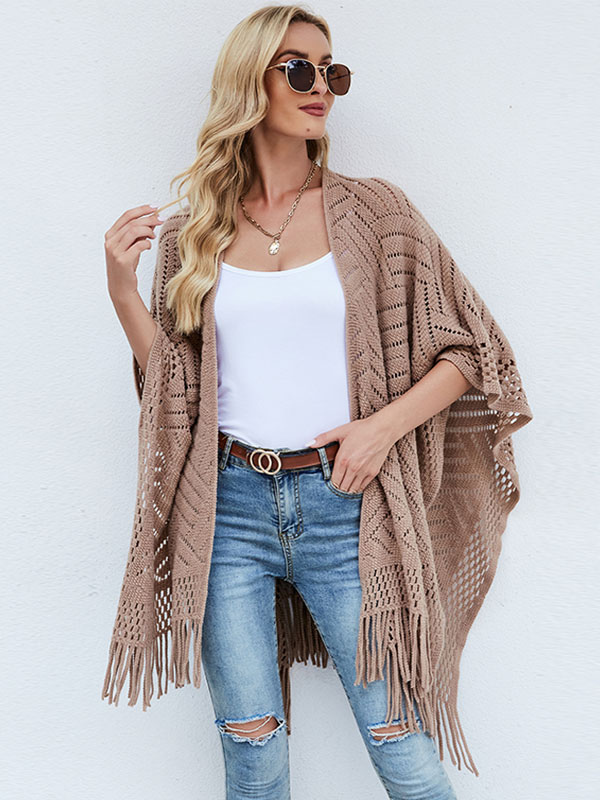 Women's Clothing Sweaters & Cardigans | Sweaters Cardigans Khaki Polyester Fringe Half Sleeves Stretch Oversized Overcoat - LD76