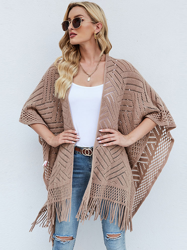 Women's Clothing Sweaters & Cardigans | Sweaters Cardigans Khaki Polyester Fringe Half Sleeves Stretch Oversized Overcoat - LD76