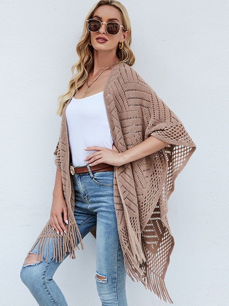 Women's Clothing Sweaters & Cardigans | Sweaters Cardigans Khaki Polyester Fringe Half Sleeves Stretch Oversized Overcoat - LD76