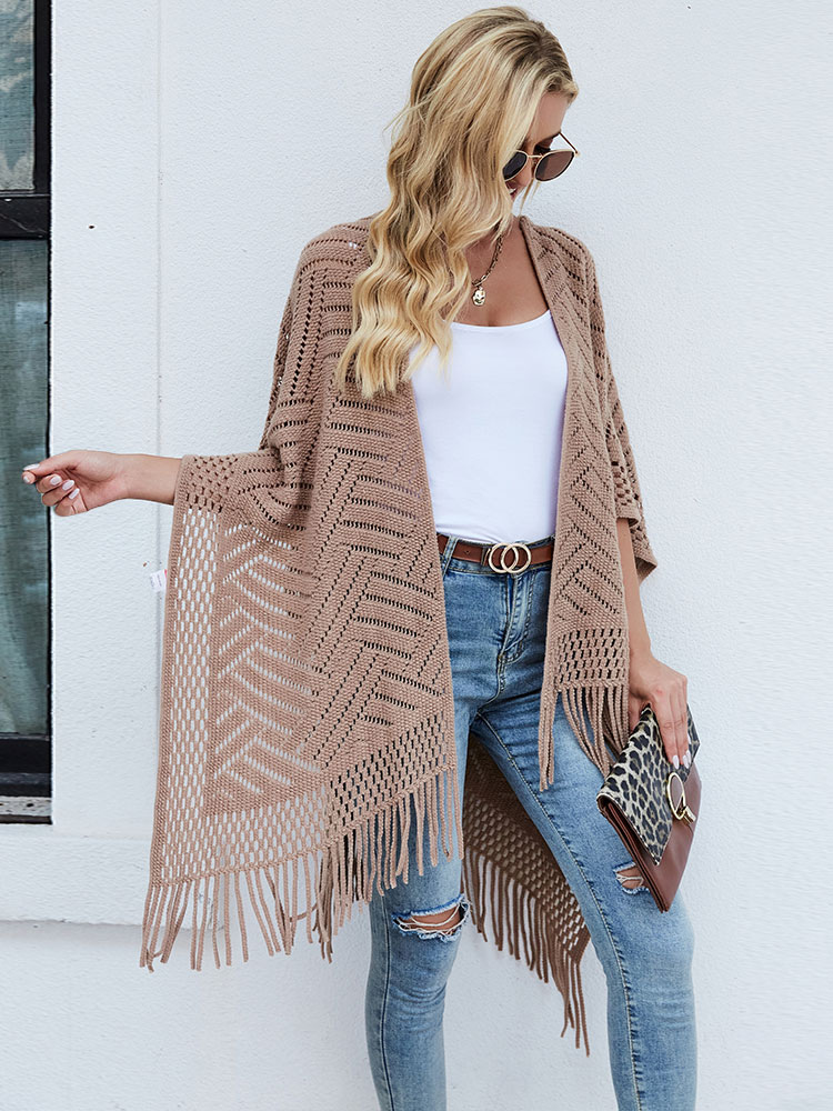 Women's Clothing Sweaters & Cardigans | Sweaters Cardigans Khaki Polyester Fringe Half Sleeves Stretch Oversized Overcoat - LD76