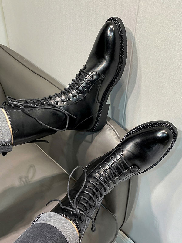 Shoes Men's Shoes | Ankle Boots For Man Amazing Round Toe PU Leather Lace Up Black Martin Boots - PI18281