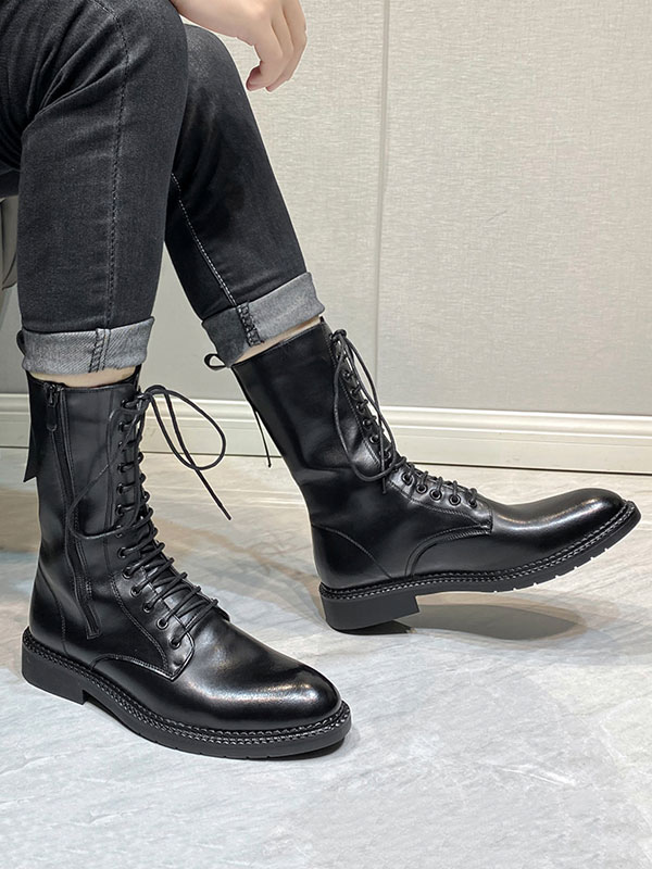 Shoes Men's Shoes | Ankle Boots For Man Amazing Round Toe PU Leather Lace Up Black Martin Boots - PI18281