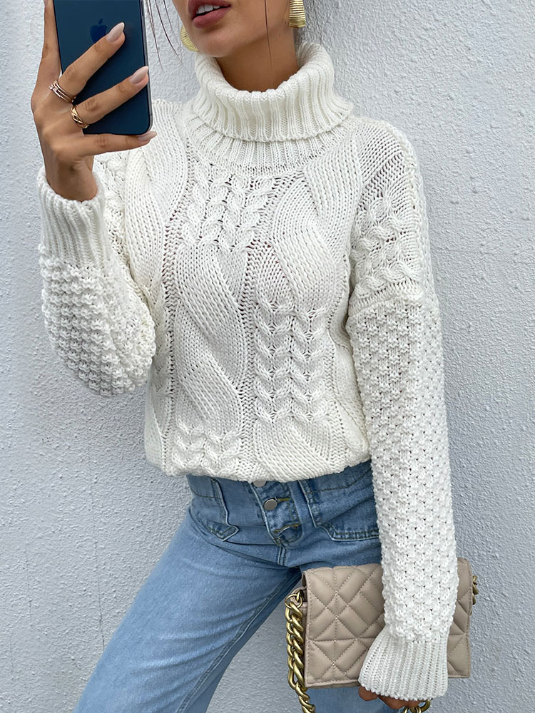 Women's Clothing Sweaters & Cardigans | Women Pullover Sweater White Crochet High Collar Long Sleeves Stretch Polyester Sweaters