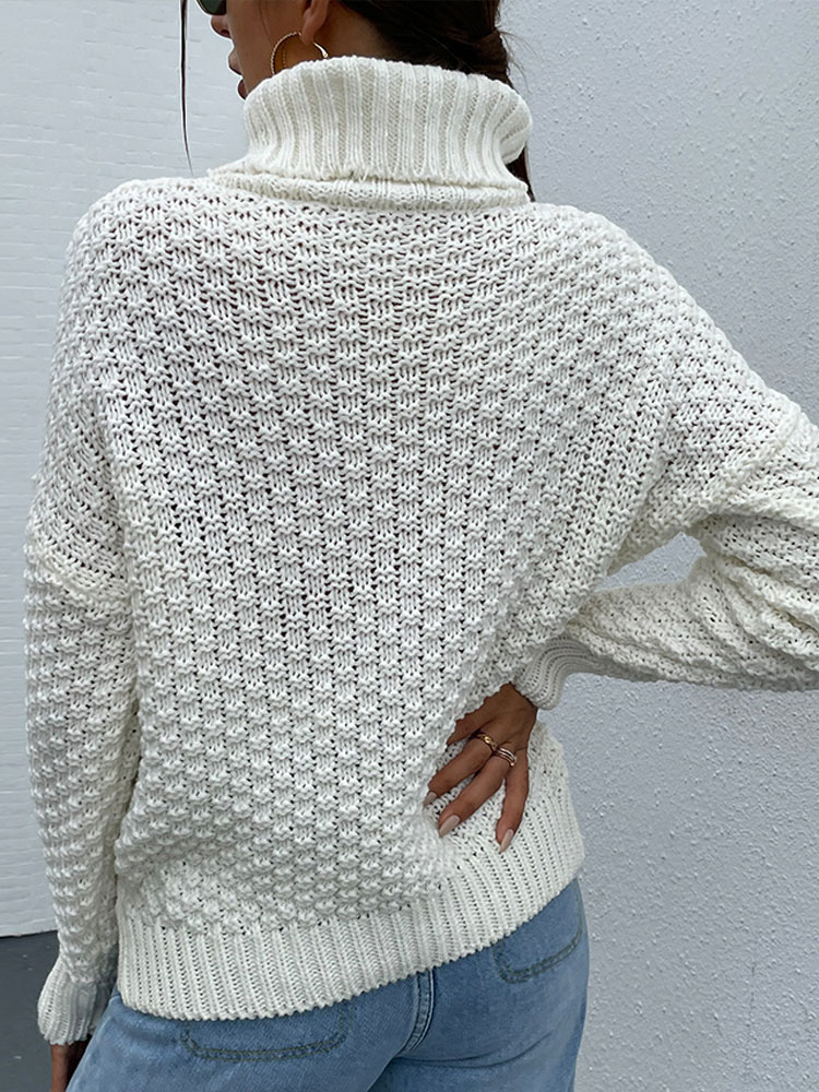 Women's Clothing Sweaters & Cardigans | Women Pullover Sweater White Crochet High Collar Long Sleeves Stretch Polyester Sweaters