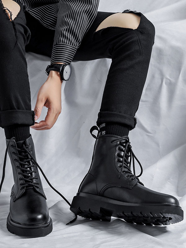 Shoes Men's Shoes | Ankle Boots For Man Amazing PU Leather Round Toe Lace Up Black Martin Boots - WG82973